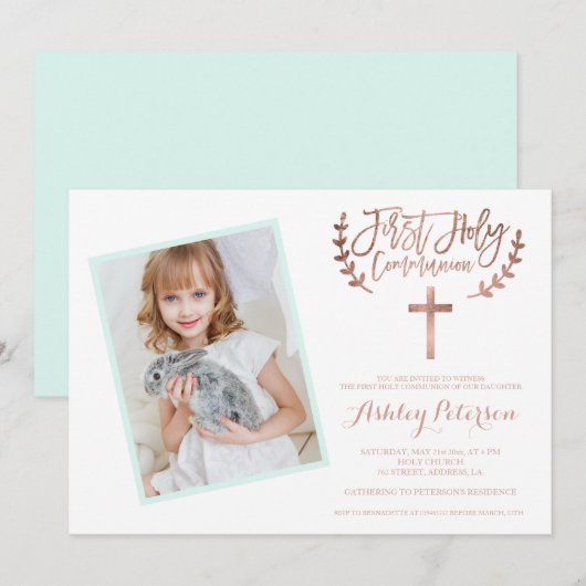 Roze gouden kruis mint foto Eerste Heilige Communi Kaart (Voorkant / Achterkant)