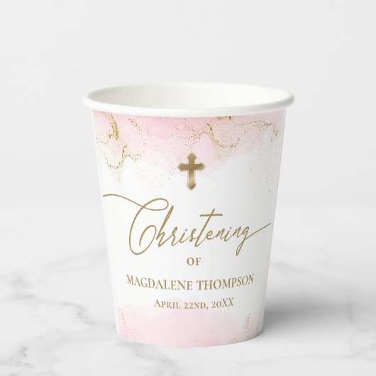 Roze Gouden Kruis Naam Meisje Doop Papieren Bekers (Achterkant)