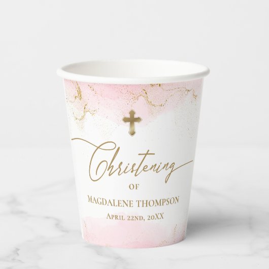 Roze Gouden Kruis Naam Meisje Doop Papieren Bekers (Voorkant)