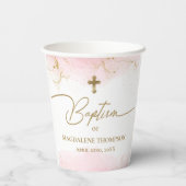 Roze Gouden Kruis Naam Meisje Doop Papieren Bekers (Achterkant)