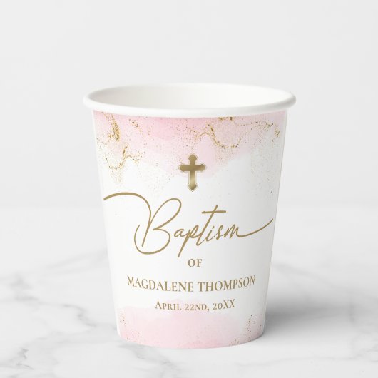 Roze Gouden Kruis Naam Meisje Doop Papieren Bekers (Achterkant)