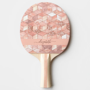 Roze gouden kubus marmer naam glitterscript tafeltennisbatje