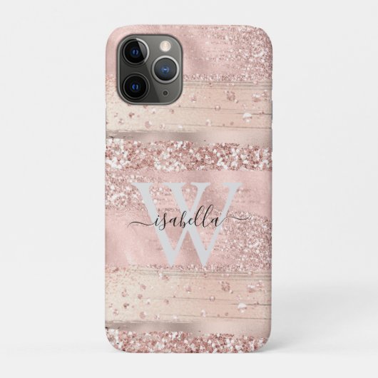 Roze Gouden Kwaststrepen Glitter Monogram Initiaal Case-Mate iPhone Case (Achterkant)