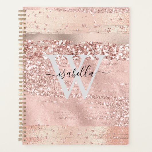 Roze Gouden Kwaststrepen Glitter Monogram Planner (Voorkant)