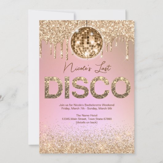 Roze Gouden Laatste Disco Meidenavond Kaart (Voorkant)
