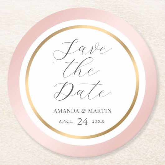 Roze gouden legant-script bruiloft bewaart de datu ronde kartonnen onderzetter (Voorkant)