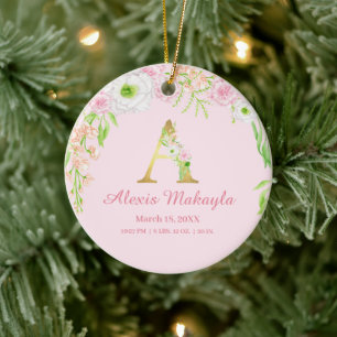 Roze & Gouden Letter "A" Bloemen Monogram Geboorte Keramisch Ornament