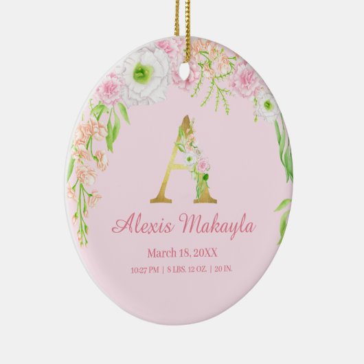 Roze & Gouden Letter "A" Bloemen Monogram Geboorte Keramisch Ornament (Rechts)