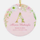 Roze & Gouden Letter "A" Bloemen Monogram Geboorte Keramisch Ornament (Voorkant)