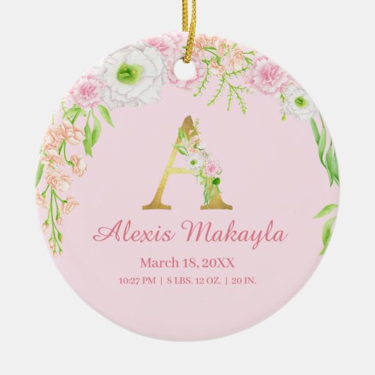 Roze & Gouden Letter "A" Bloemen Monogram Geboorte Keramisch Ornament (Voorkant)