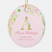 Roze & Gouden Letter "A" Bloemen Monogram Geboorte Keramisch Ornament (Links)