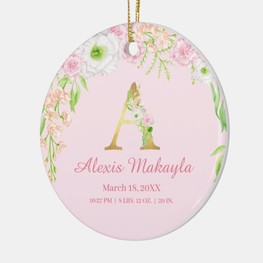 Roze & Gouden Letter "A" Bloemen Monogram Geboorte Keramisch Ornament (Links)