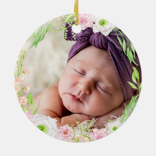 Roze & Gouden Letter "A" Bloemen Monogram Geboorte Keramisch Ornament (Achterkant)