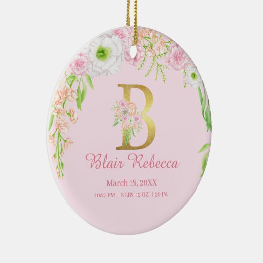 Roze & Gouden Letter "B" Bloemen Monogram Geboorte Keramisch Ornament (Rechts)