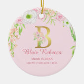 Roze & Gouden Letter "B" Bloemen Monogram Geboorte Keramisch Ornament (Voorkant)