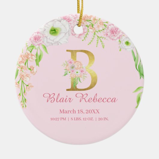 Roze & Gouden Letter "B" Bloemen Monogram Geboorte Keramisch Ornament (Voorkant)