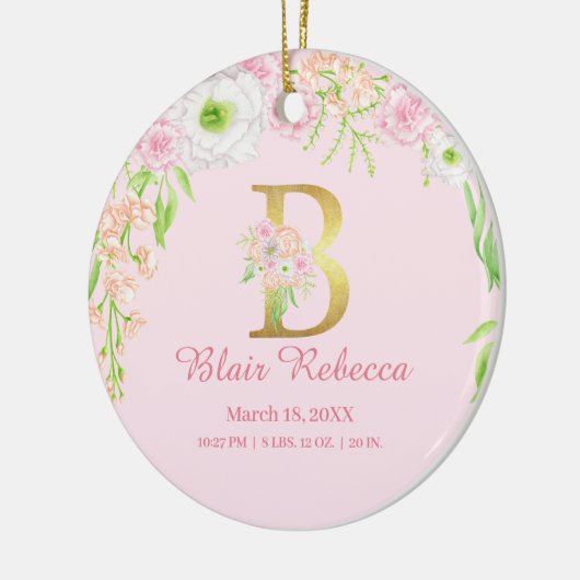 Roze & Gouden Letter "B" Bloemen Monogram Geboorte Keramisch Ornament (Links)