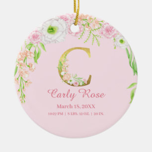 Roze & Gouden Letter "C" Floral Monogram Geboorte  Keramisch Ornament