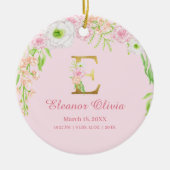 Roze & Gouden Letter "E" Bloemen Monogram Geboorte Keramisch Ornament (Voorkant)