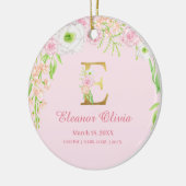 Roze & Gouden Letter "E" Bloemen Monogram Geboorte Keramisch Ornament (Links)