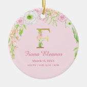 Roze & Gouden Letter "F" Bloemen Monogram Geboorte Keramisch Ornament (Voorkant)