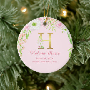 Roze & Gouden Letter "H" Bloemen Monogram Geboorte Keramisch Ornament