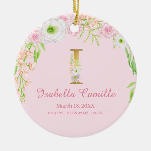 Roze & Gouden Letter "I" Floral Monogram Geboorte  Keramisch Ornament (Voorkant)