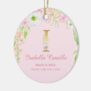Roze & Gouden Letter "I" Floral Monogram Geboorte  Keramisch Ornament