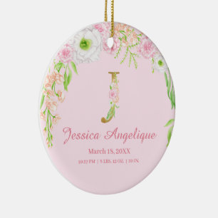 Roze & Gouden Letter "J" Floral Monogram Geboorte  Keramisch Ornament