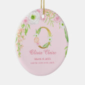 Roze & Gouden Letter "O" Bloemen Monogram Geboorte Keramisch Ornament (Rechts)