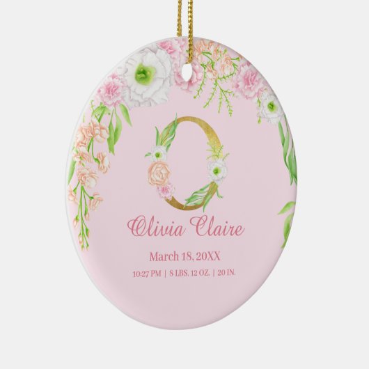 Roze & Gouden Letter "O" Bloemen Monogram Geboorte Keramisch Ornament (Rechts)