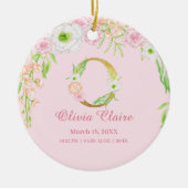 Roze & Gouden Letter "O" Bloemen Monogram Geboorte Keramisch Ornament (Voorkant)
