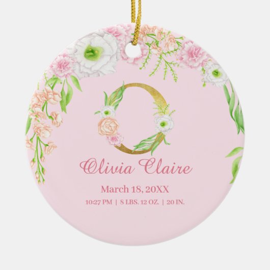 Roze & Gouden Letter "O" Bloemen Monogram Geboorte Keramisch Ornament (Voorkant)