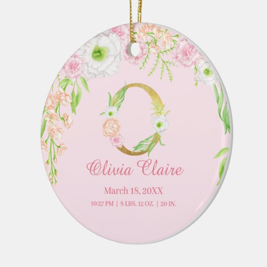 Roze & Gouden Letter "O" Bloemen Monogram Geboorte Keramisch Ornament (Links)