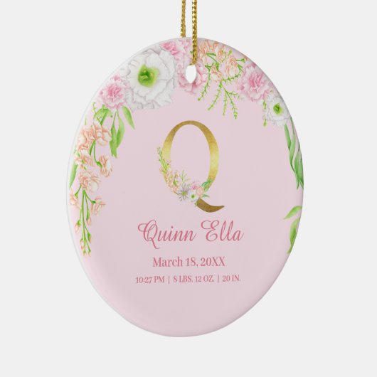 Roze & Gouden Letter "Q" Bloemen Monogram Geboorte Keramisch Ornament (Rechts)