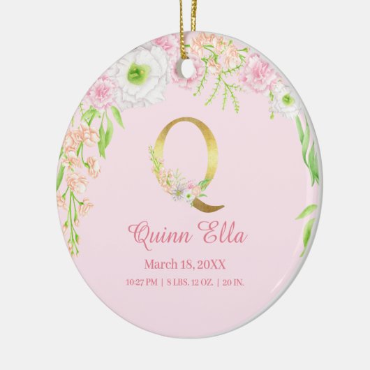 Roze & Gouden Letter "Q" Bloemen Monogram Geboorte Keramisch Ornament (Links)