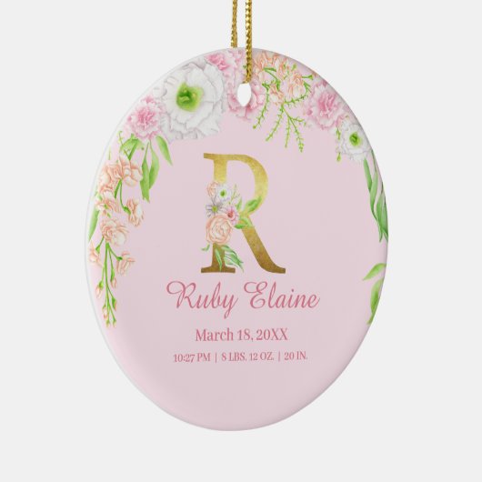 Roze & Gouden Letter "R" Bloemen Monogram Geboorte Keramisch Ornament (Rechts)
