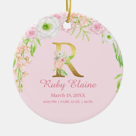 Roze & Gouden Letter "R" Bloemen Monogram Geboorte Keramisch Ornament (Voorkant)