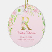 Roze & Gouden Letter "R" Bloemen Monogram Geboorte Keramisch Ornament (Links)
