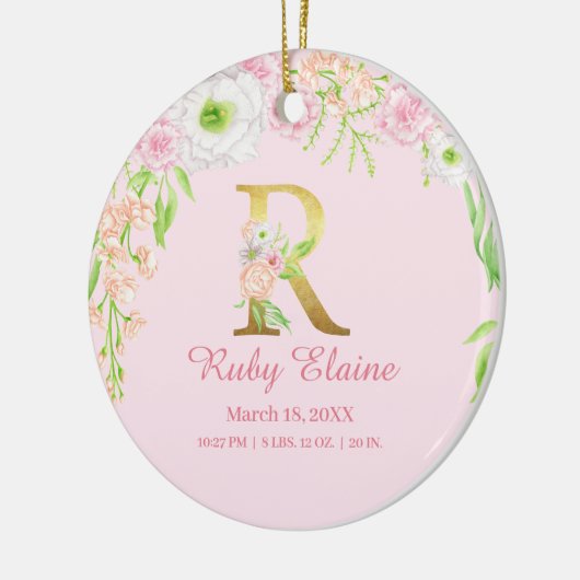 Roze & Gouden Letter "R" Bloemen Monogram Geboorte Keramisch Ornament (Links)