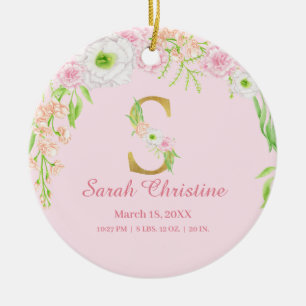 Roze & Gouden Letter "S" Bloemen Monogram Geboorte Keramisch Ornament