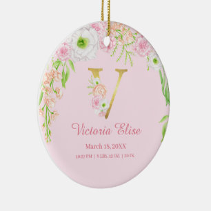 Roze & Gouden Letter "V" Bloemen Monogram Geboorte Keramisch Ornament