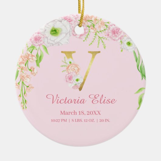 Roze & Gouden Letter "V" Bloemen Monogram Geboorte Keramisch Ornament (Voorkant)