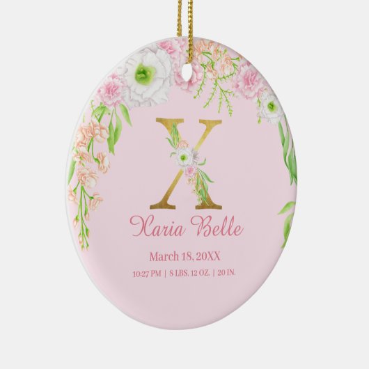 Roze & Gouden Letter "X" Bloemen Monogram Geboorte Keramisch Ornament (Rechts)
