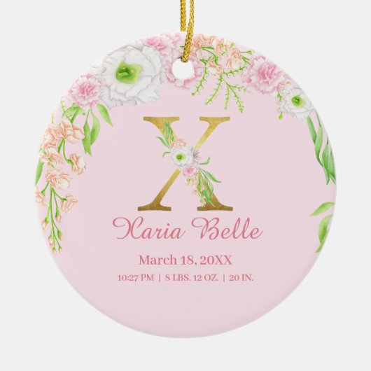 Roze & Gouden Letter "X" Bloemen Monogram Geboorte Keramisch Ornament (Voorkant)