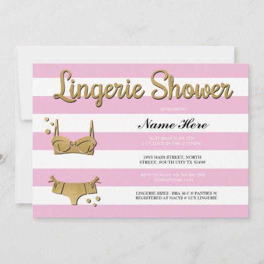 Roze gouden lingerie douche Stripe Uitnodiging (Voorkant)
