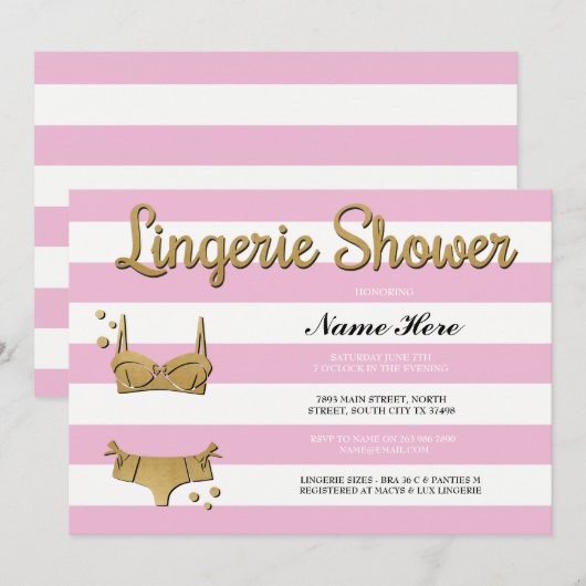 Roze gouden lingerie douche Stripe Uitnodiging (Voorkant / Achterkant)