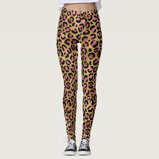Roze Gouden Luipaard Patroon Leggings (Voorkant)