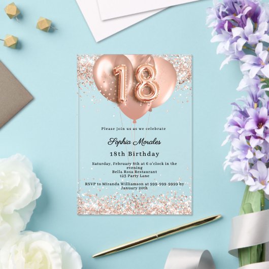 Roze gouden luxe ballonnen helder 18e verjaardag acryl uitnodigingen (Insitu (Huwelijk))