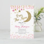 Roze gouden maan babyshower uitnodiging voor meisj (Staand voorkant)